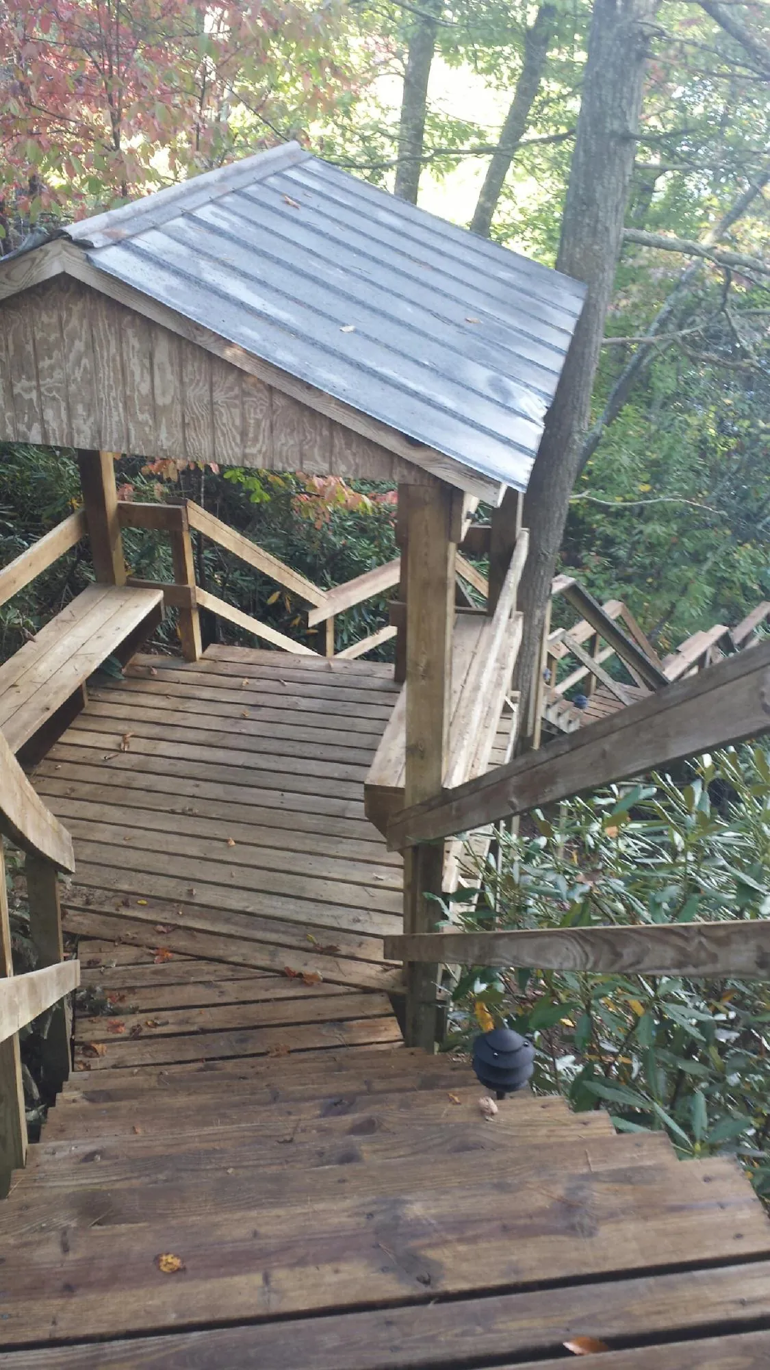 Metal roofed shelter over wooden steps on a wooded walkway — Skylight Repair & Installation work by our crew in Hockessin